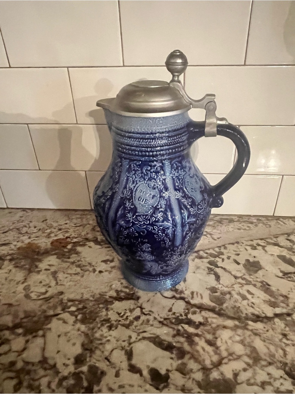 Blue Cobalt Ceramic Stein Pitcher with Pewter Lid Salt-glazed